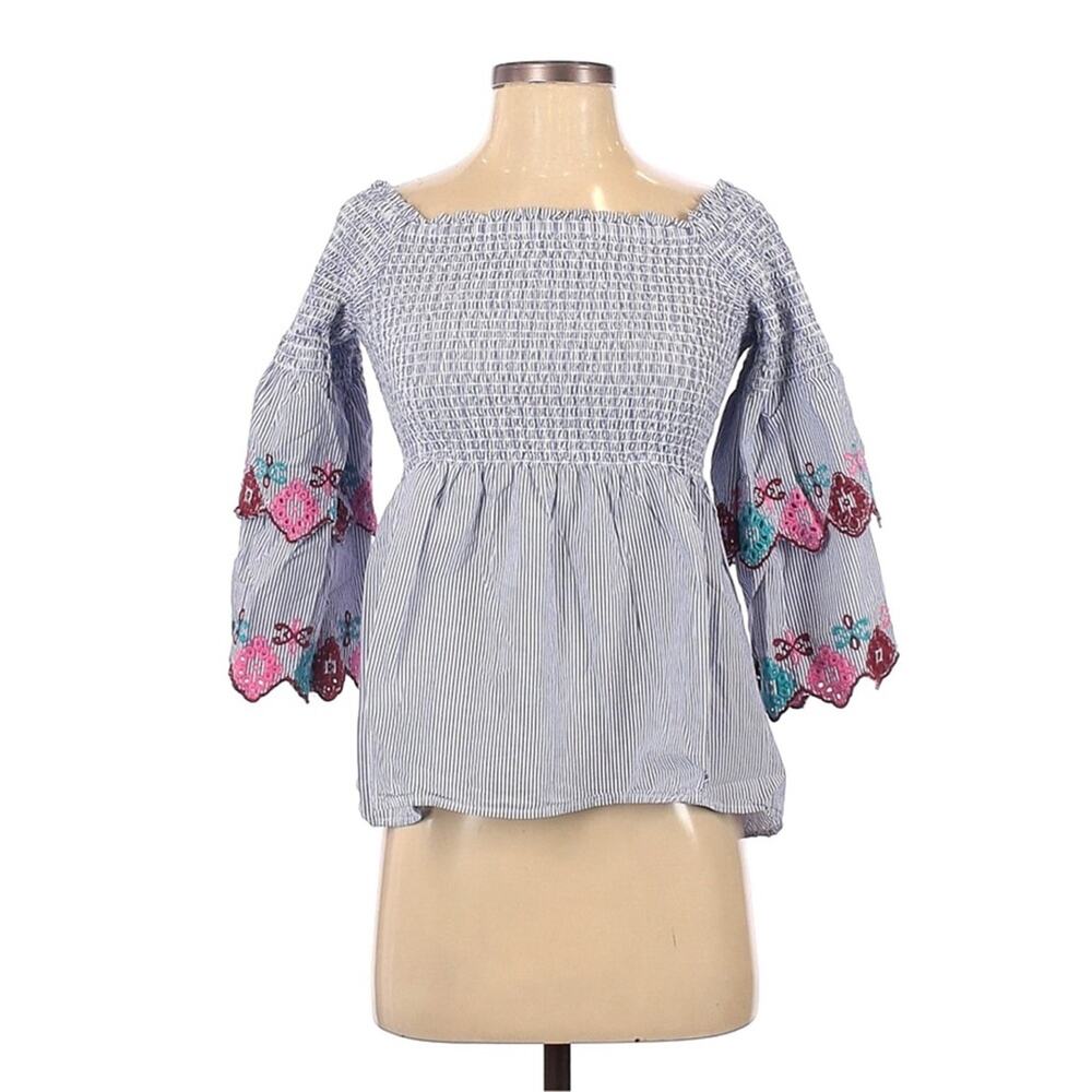 LOFT Off‎ The Shoulder Blue Stripe Floral Embroidered Top